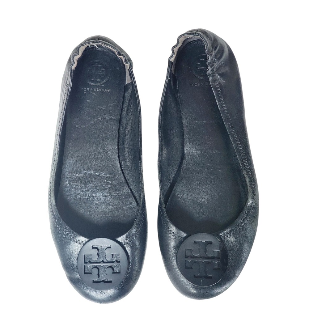 Tory Burch Minnie Travel Ballet Flats Black Leather Logo Medallion Shoes 8.5